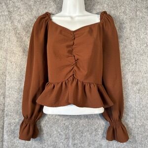 Altar'd State Brown Ruched‎ Long Sleeve Peplum Top Size M Peasant Forest Fairy